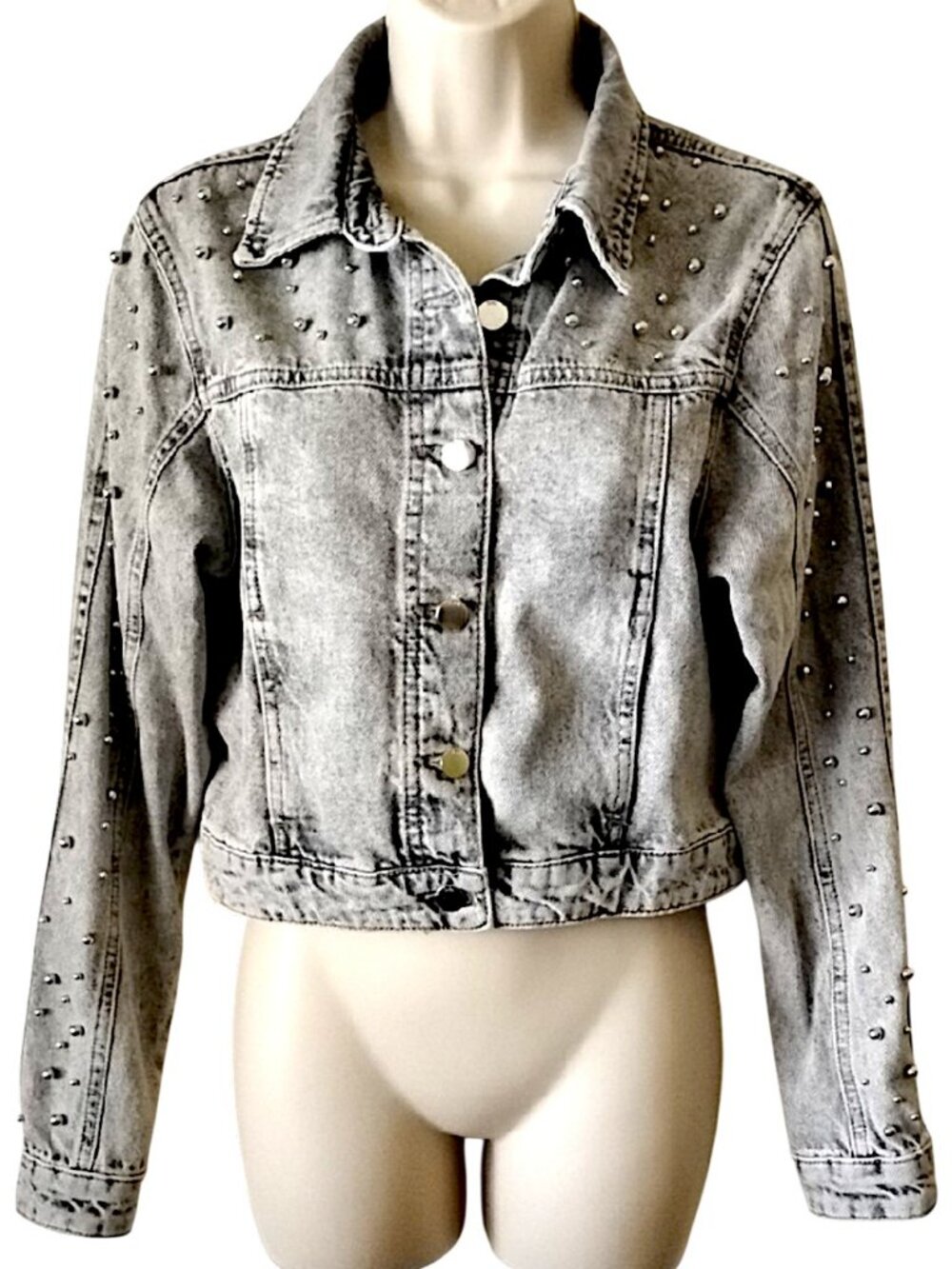 Zara Ball Studded Acid Washed Cotton Denim Jacket XS Gray